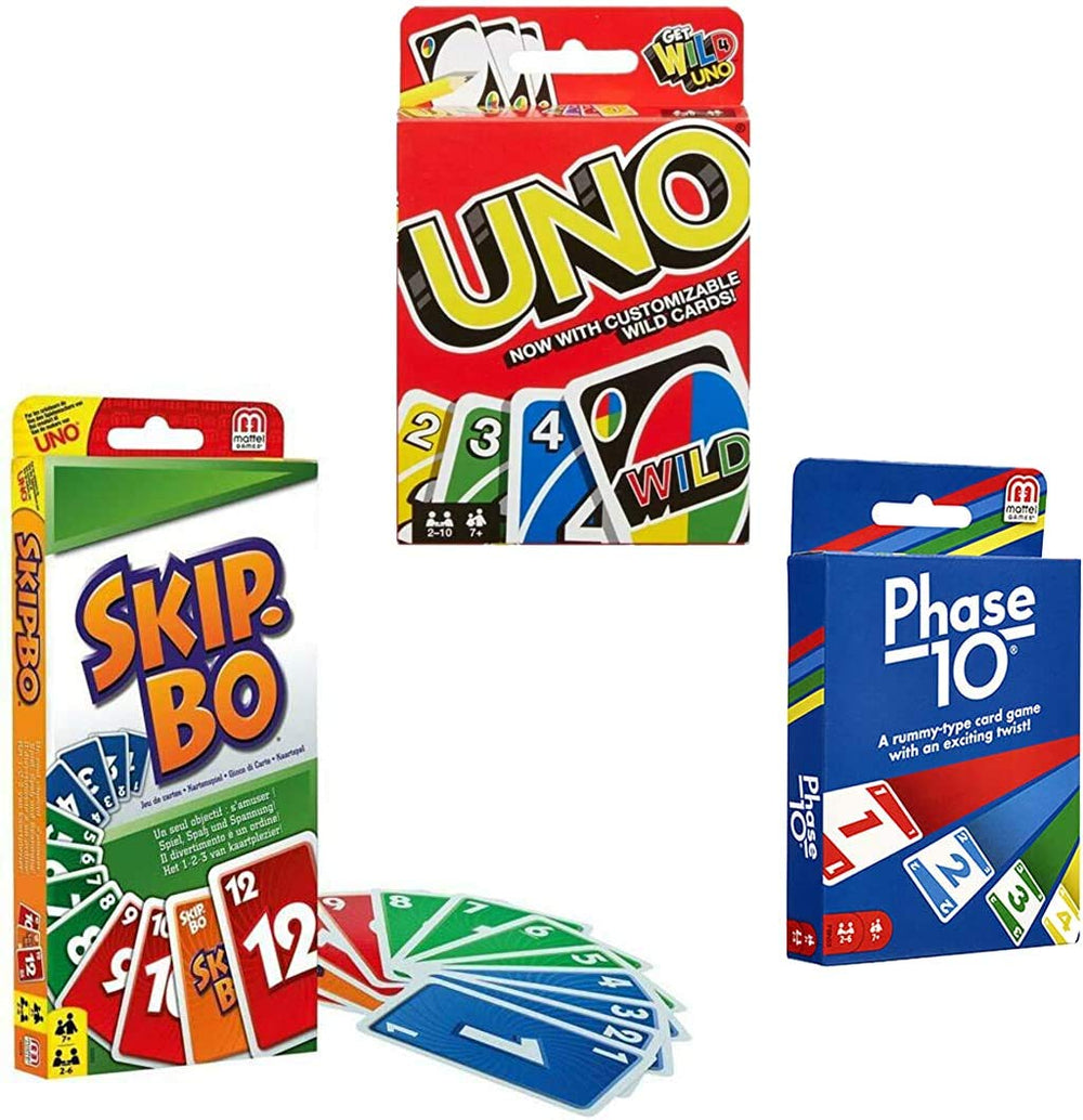 Mattel Card Game Set featuring Skip-Bo, Uno, and Phase 10 for engaging family game nights