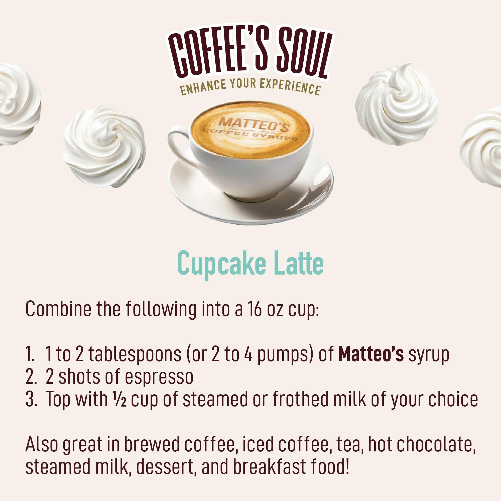 Dessert topped with Matteo's Cupcake Syrup enhances flavor with a glaze.