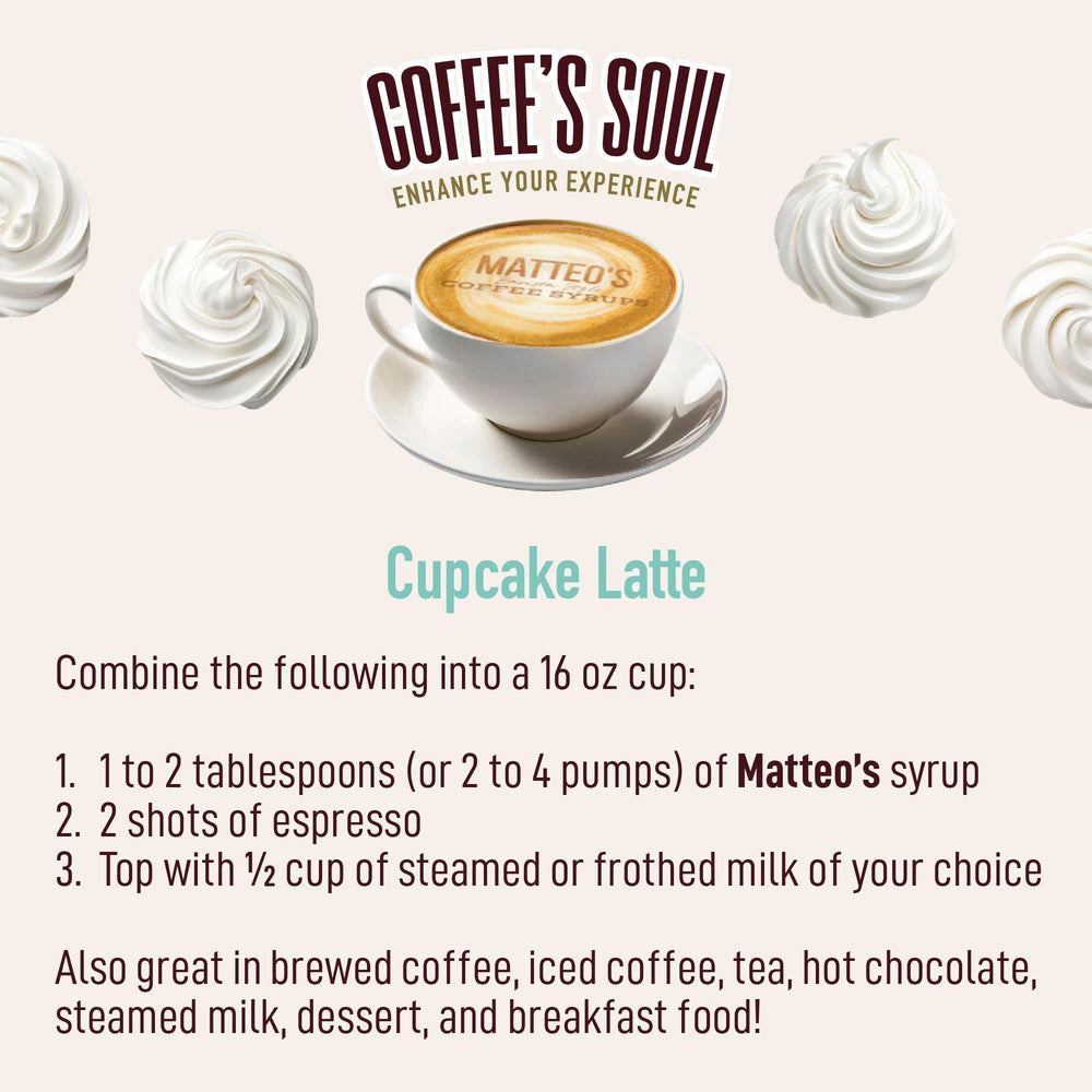 Dessert topped with Matteo's Cupcake Syrup enhances flavor with a glaze.