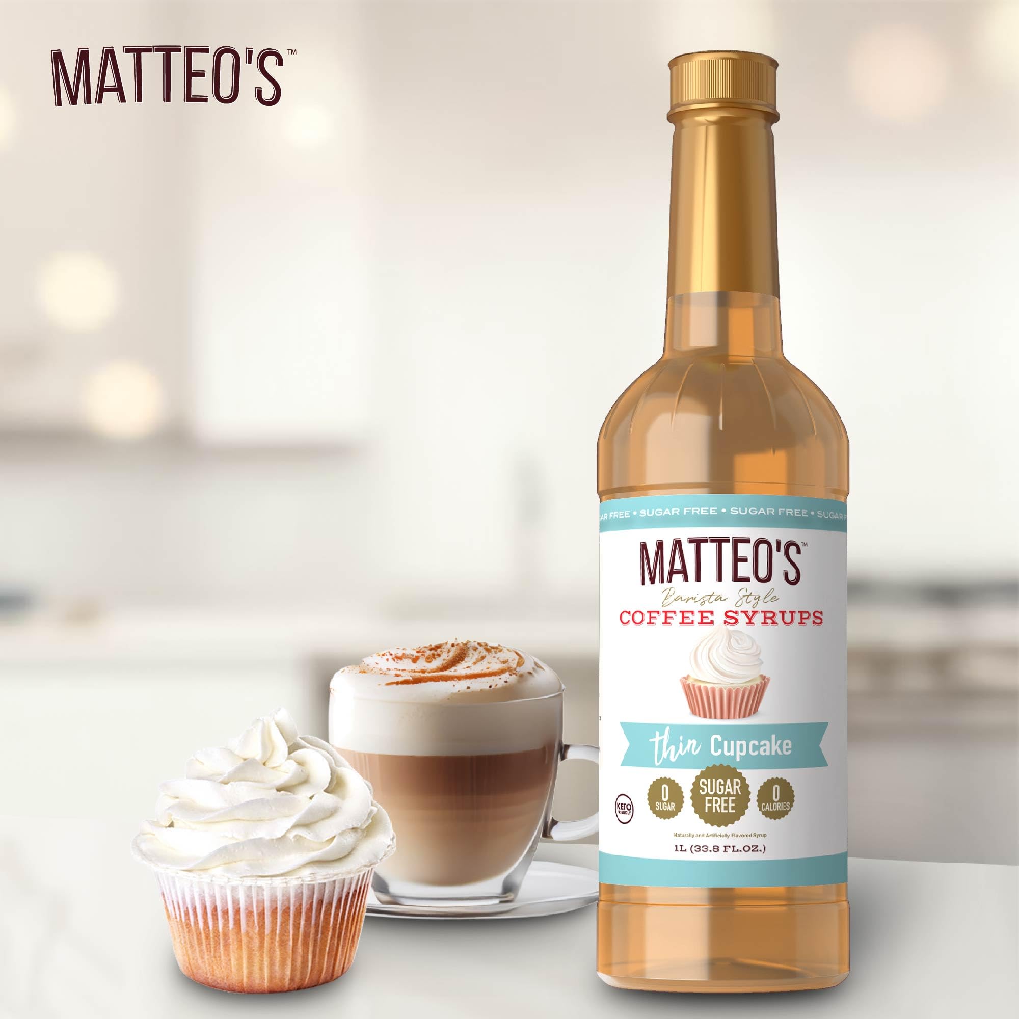 Home kitchen setup featuring Matteo's Cupcake Syrup for versatile use.