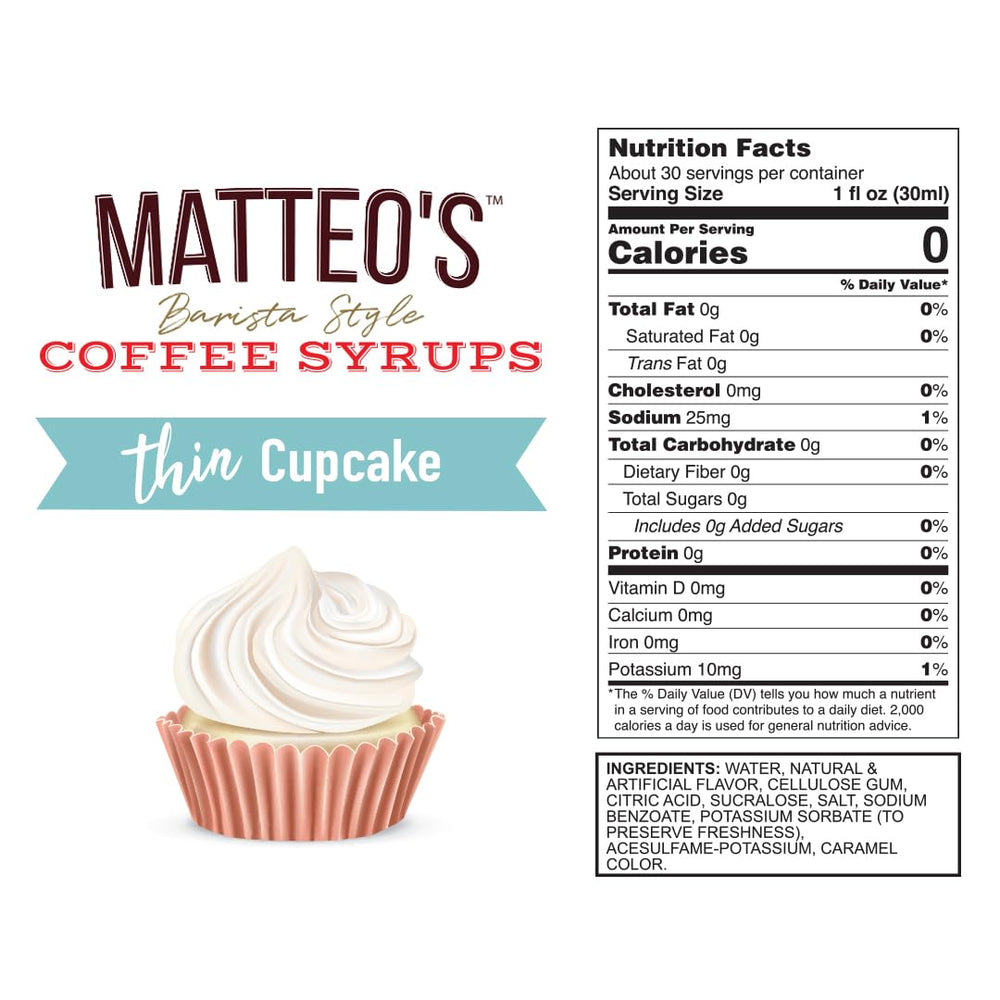 Matteo's Cupcake Syrup being poured over coffee shows zero sugar sweetness.