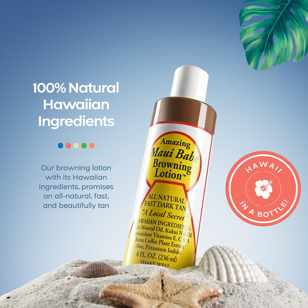 Maui Babe after browning lotion pump demonstrates skin hydration and tan protection