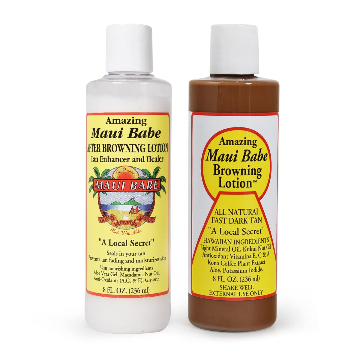 Maui Babe before and after browning lotion bottle showing tan-sealing action