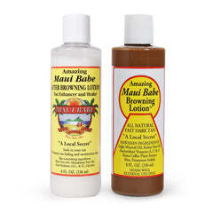 Maui Babe before and after browning lotion bottle showing tan-sealing action