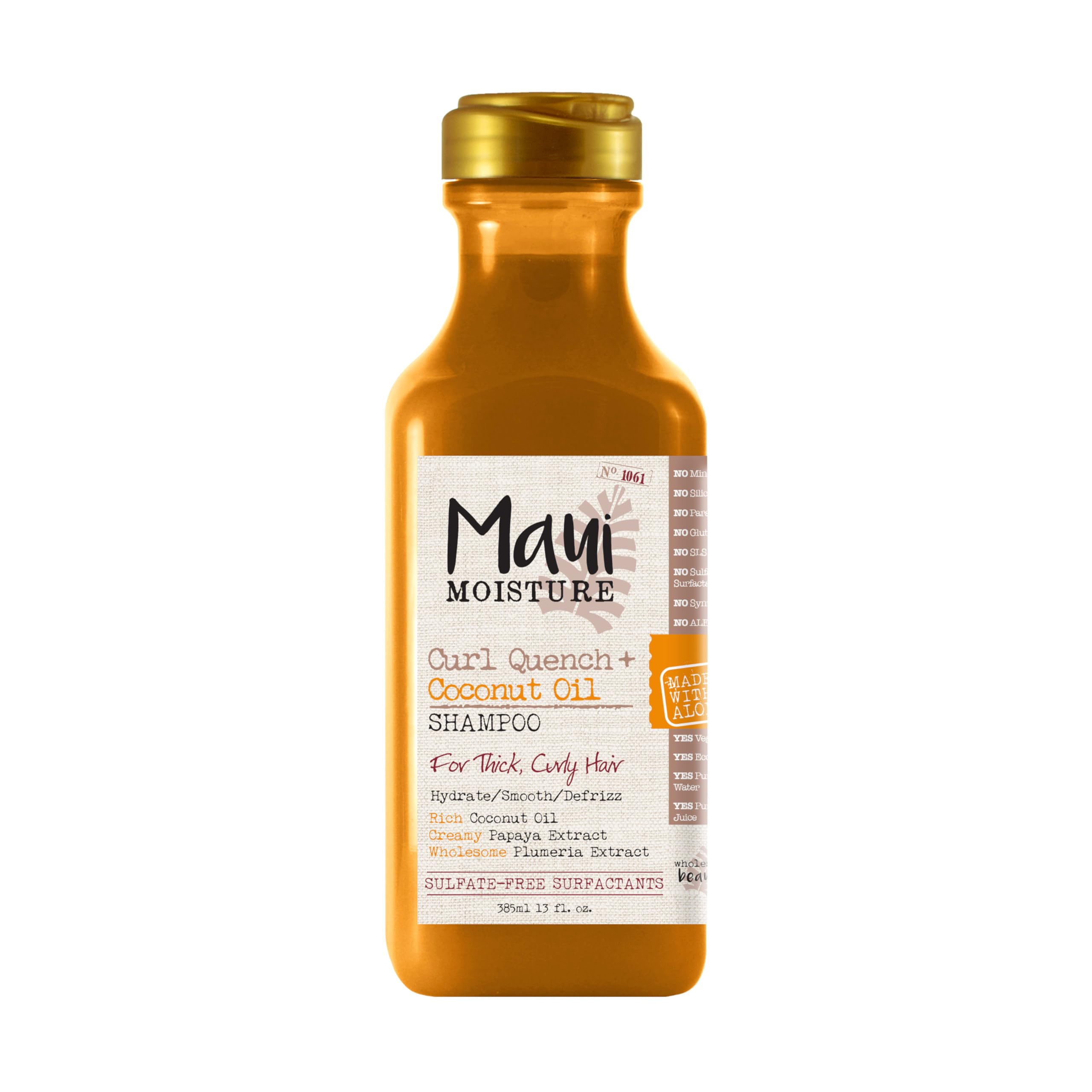 Maui Moisture Curl Quench bottle shows hydrating, frizz-defying formula for tight curls