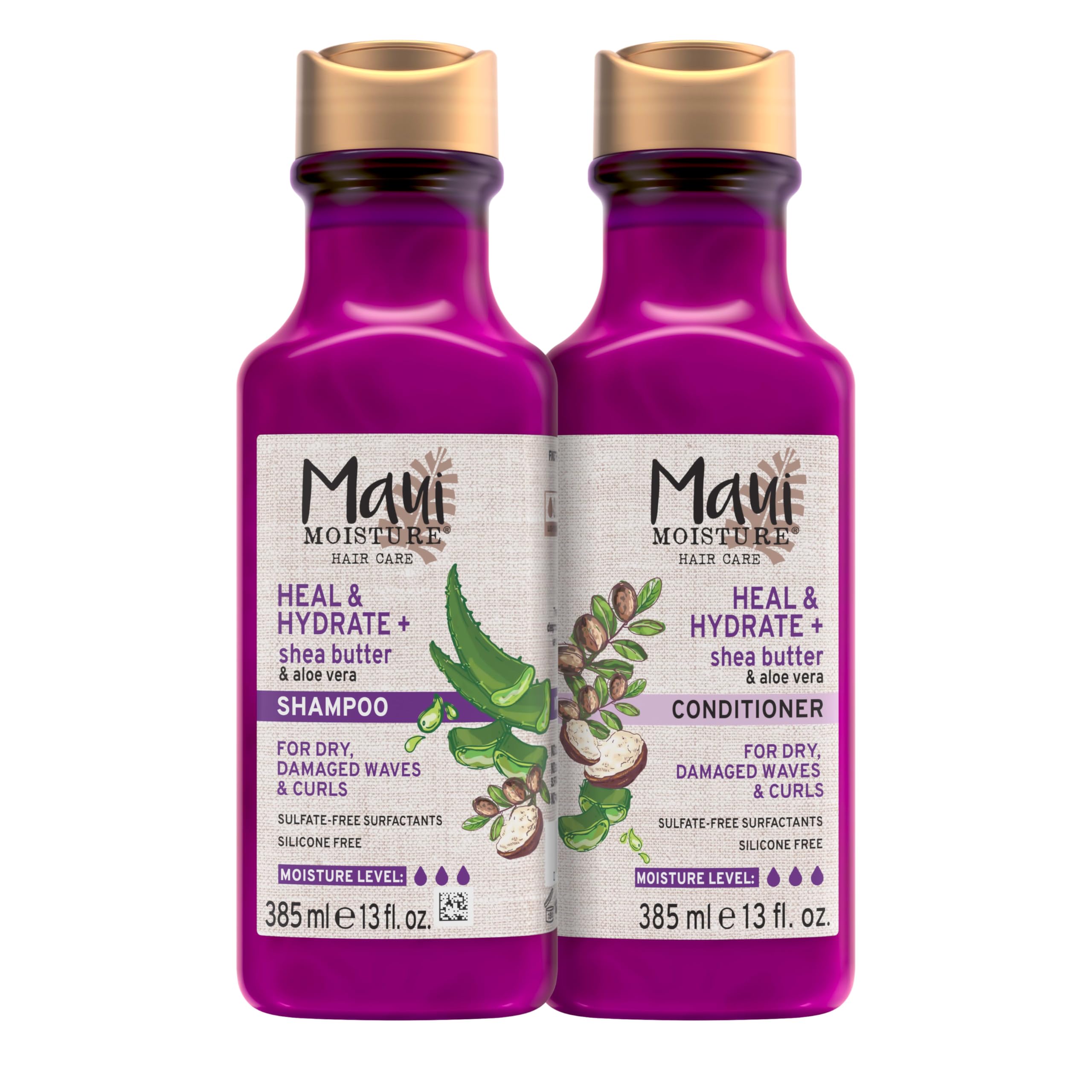 Maui Moisture Heal and Hydrate shampoo bottle delivering deep moisture for dry curls.