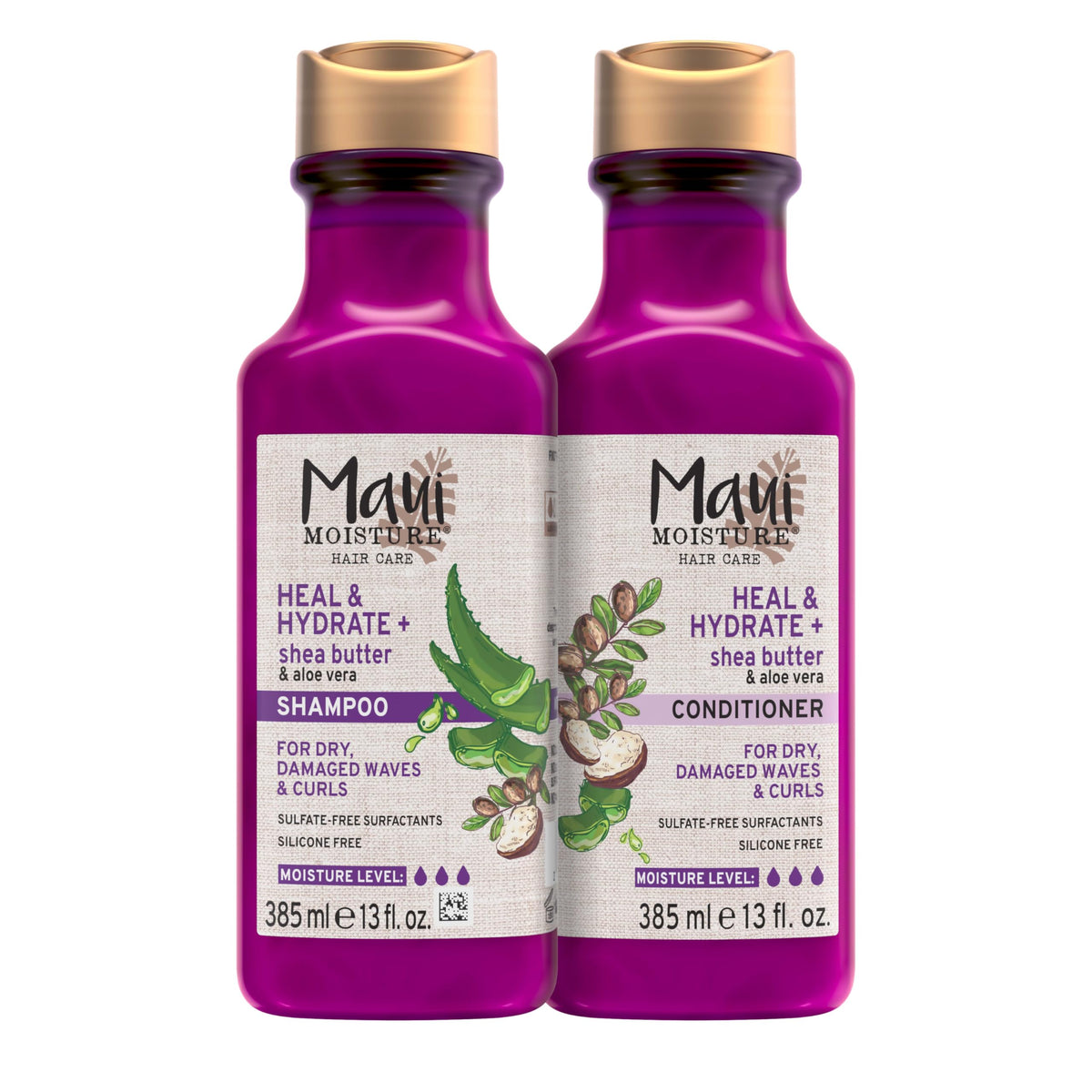 Maui Moisture Heal and Hydrate shampoo bottle delivering deep moisture for dry curls.