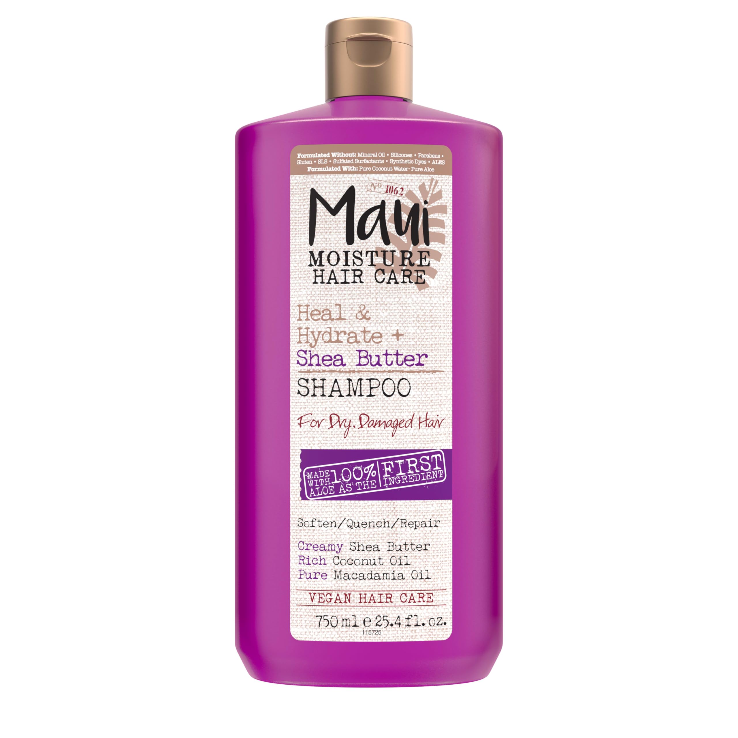 Maui Moisture Heal and Hydrate Shea Butter Shampoo bottle front for hydrated curls.