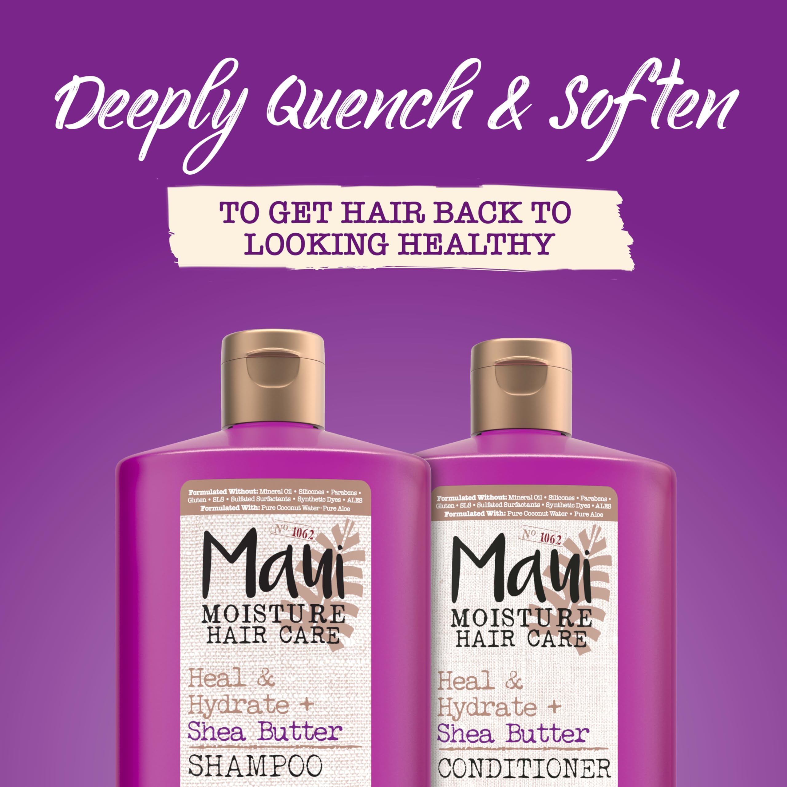 Maui Moisture Heal and Hydrate Shea Butter Shampoo promotes soft curls and healthy-looking glow.