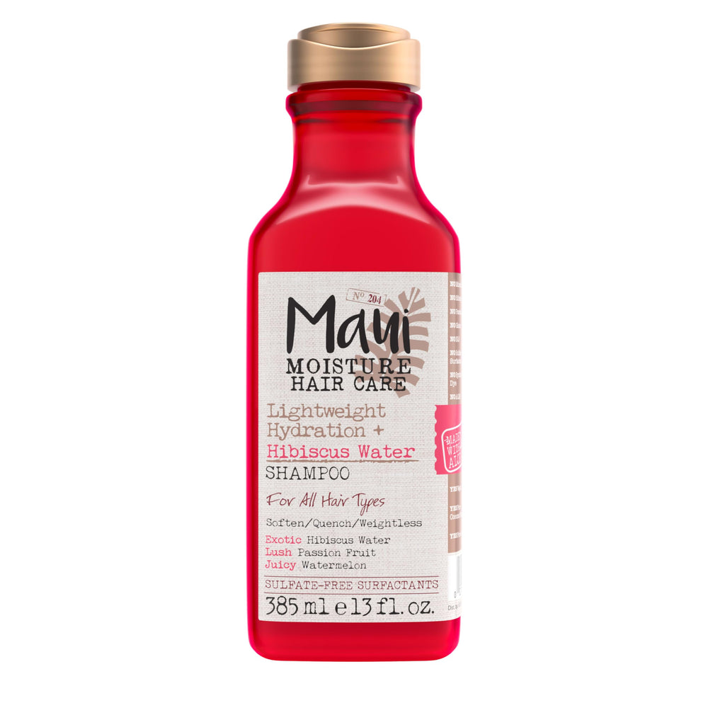 Maui Moisture lightweight hydration hibiscus shampoo bottle showing curl-friendly formula
