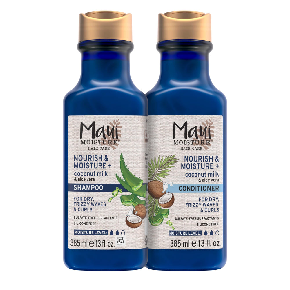 Maui Moisture Nourish & Moisture Coconut Milk Shampoo bottle with hydrating formula for curls.