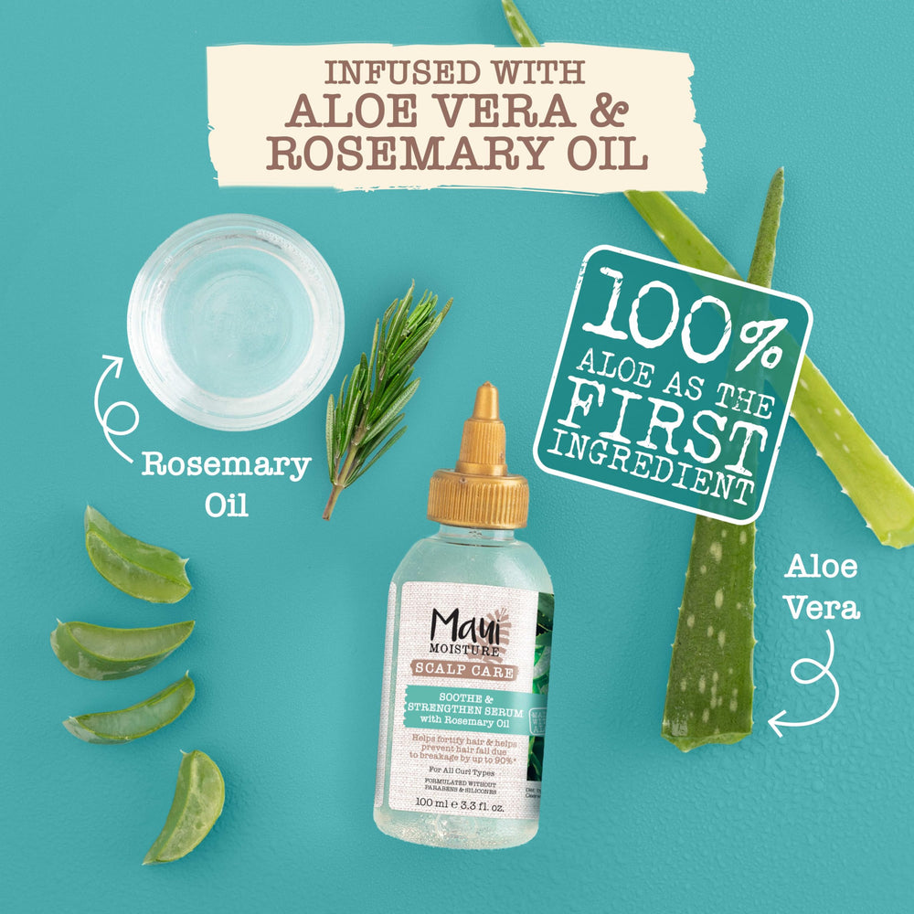 Maui Moisture Scalp Care-fragrance montage highlights tea tree, spearmint, eucalyptus scent.
