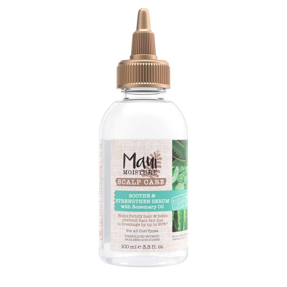 Maui Moisture Scalp Care serum bottle highlights rosemary oil for soothing scalp and frizz control.