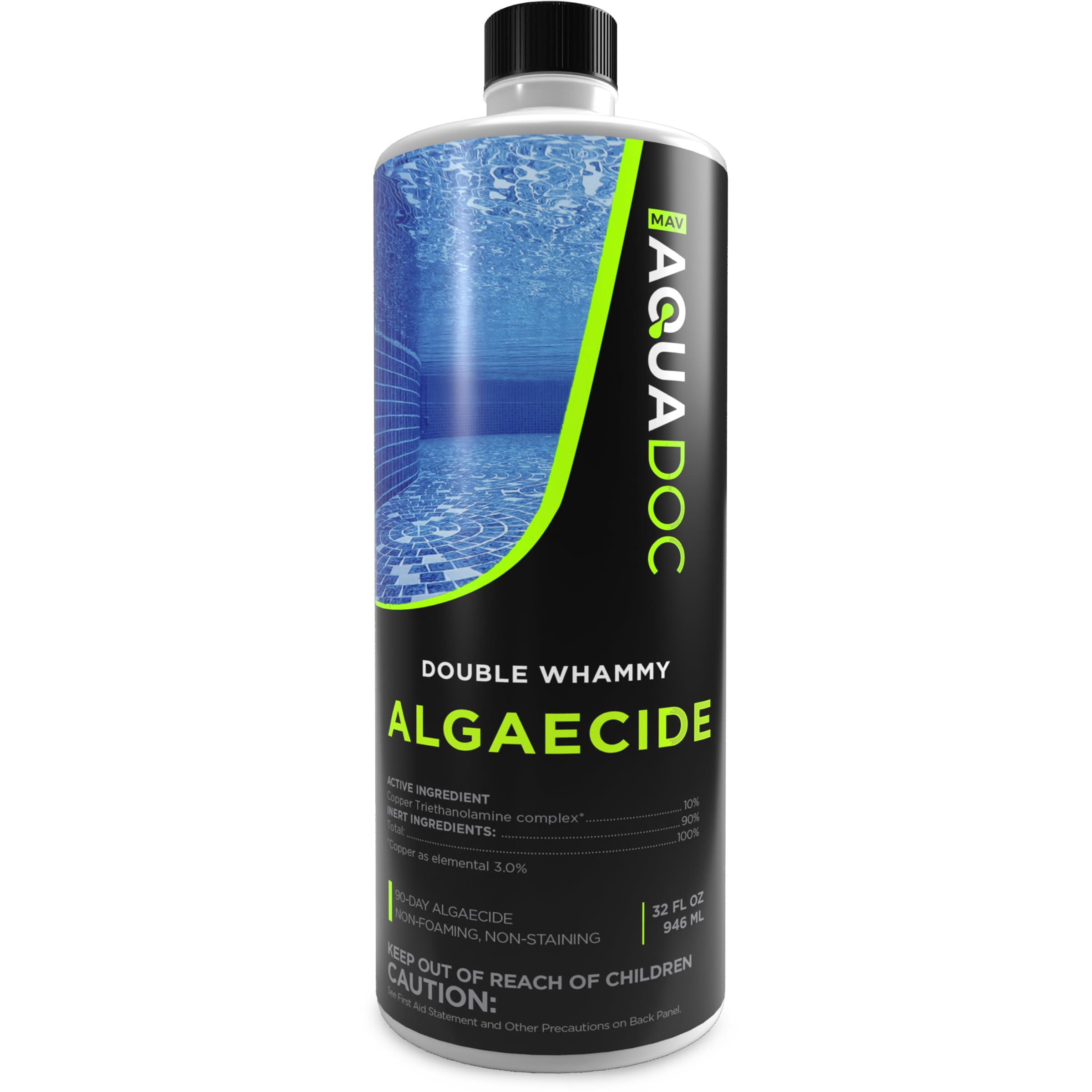 MAV AquaDoc copper algaecide pool 32oz front bottle for easy application and long-lasting algae control.