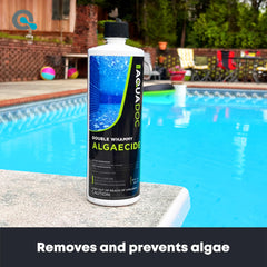 MAV AquaDoc copper algaecide pool 32oz side label highlights dual action against algae.