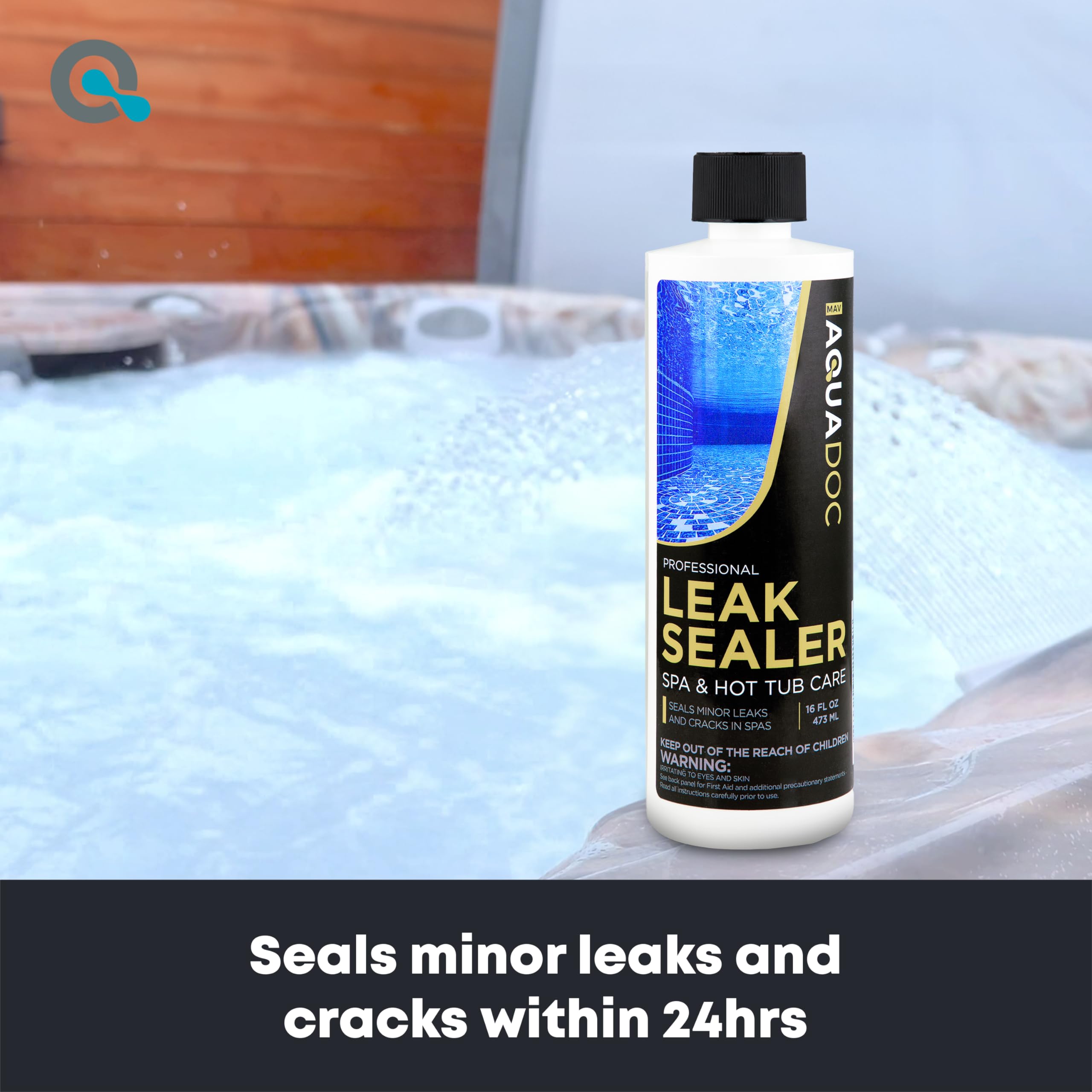 Close-up of AquaDoc label for spa leak sealer with usage details