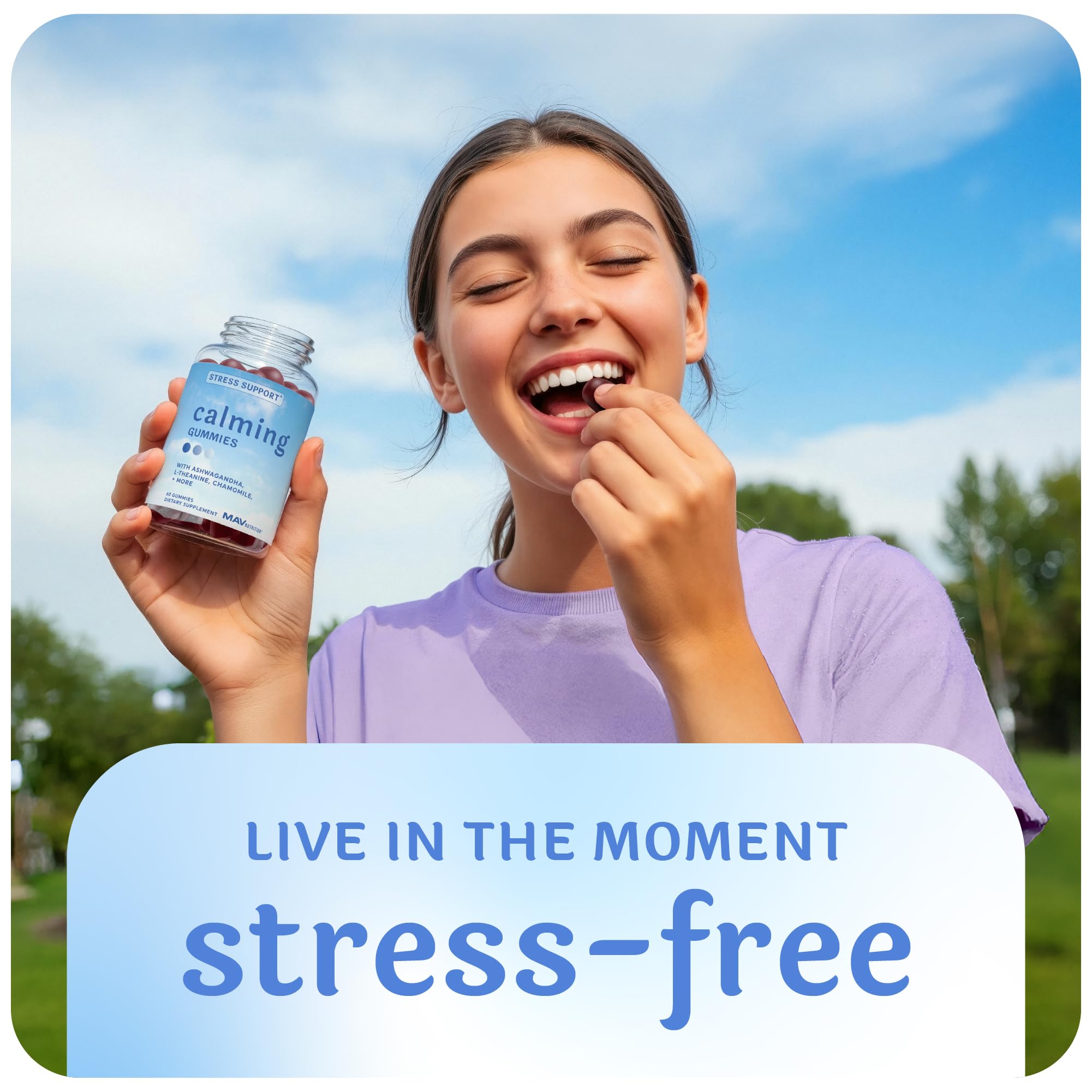 MAV Nutrition gummies with ashwagandha and GABA support relaxation.
