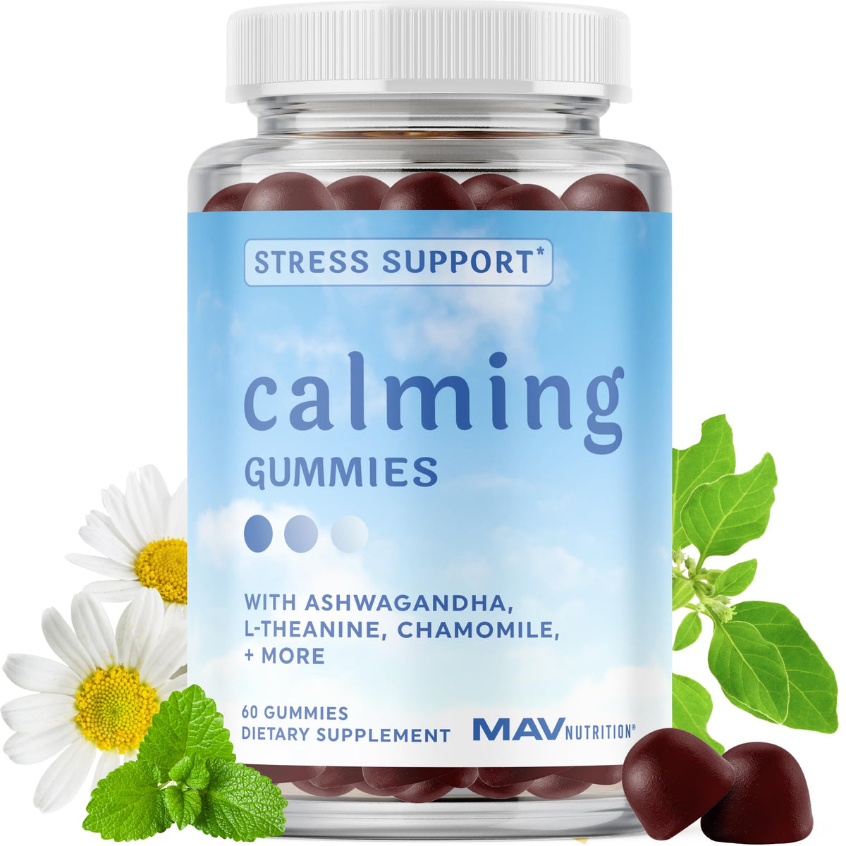 MAV Nutrition Calming Ashwagandha Gummies teen bottle promotes calm mood support.