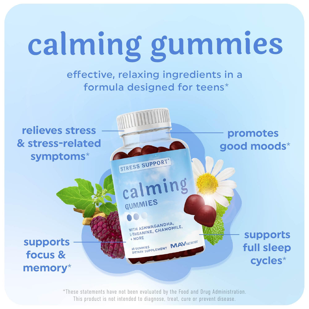 MAV Nutrition teen serving with gummies designed to ease daily stress.