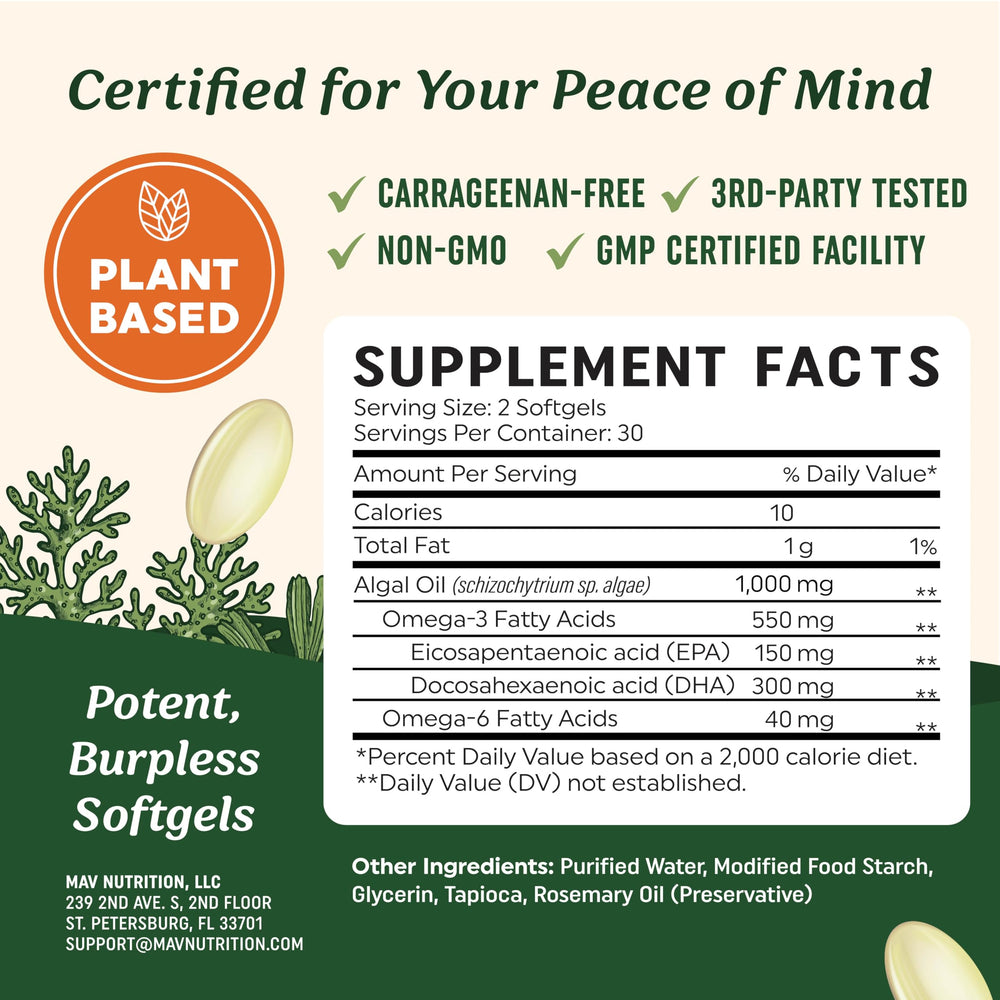 Carrageenan-free icon on MAV Nutrition algae oil packaging.