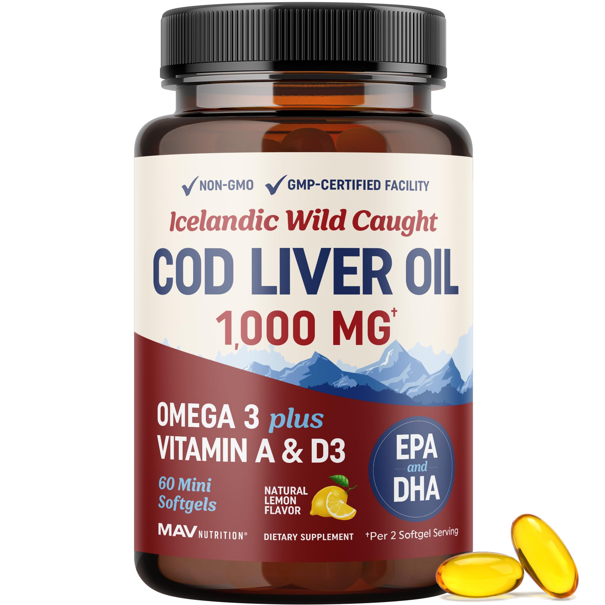 MAV NUTRITION Cod Liver Oil Softgels 1000mg bottle provides omega-3 support for daily wellness.