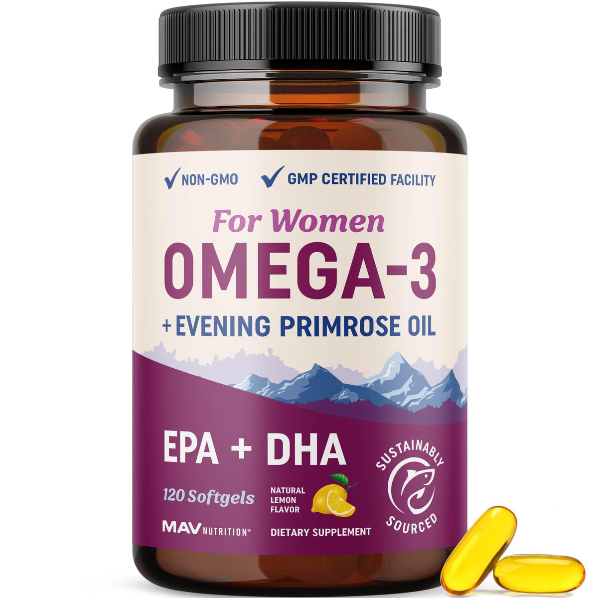 MAV Nutrition Fish Oil bottle with lemon flavor, supporting skin health and heart wellness.