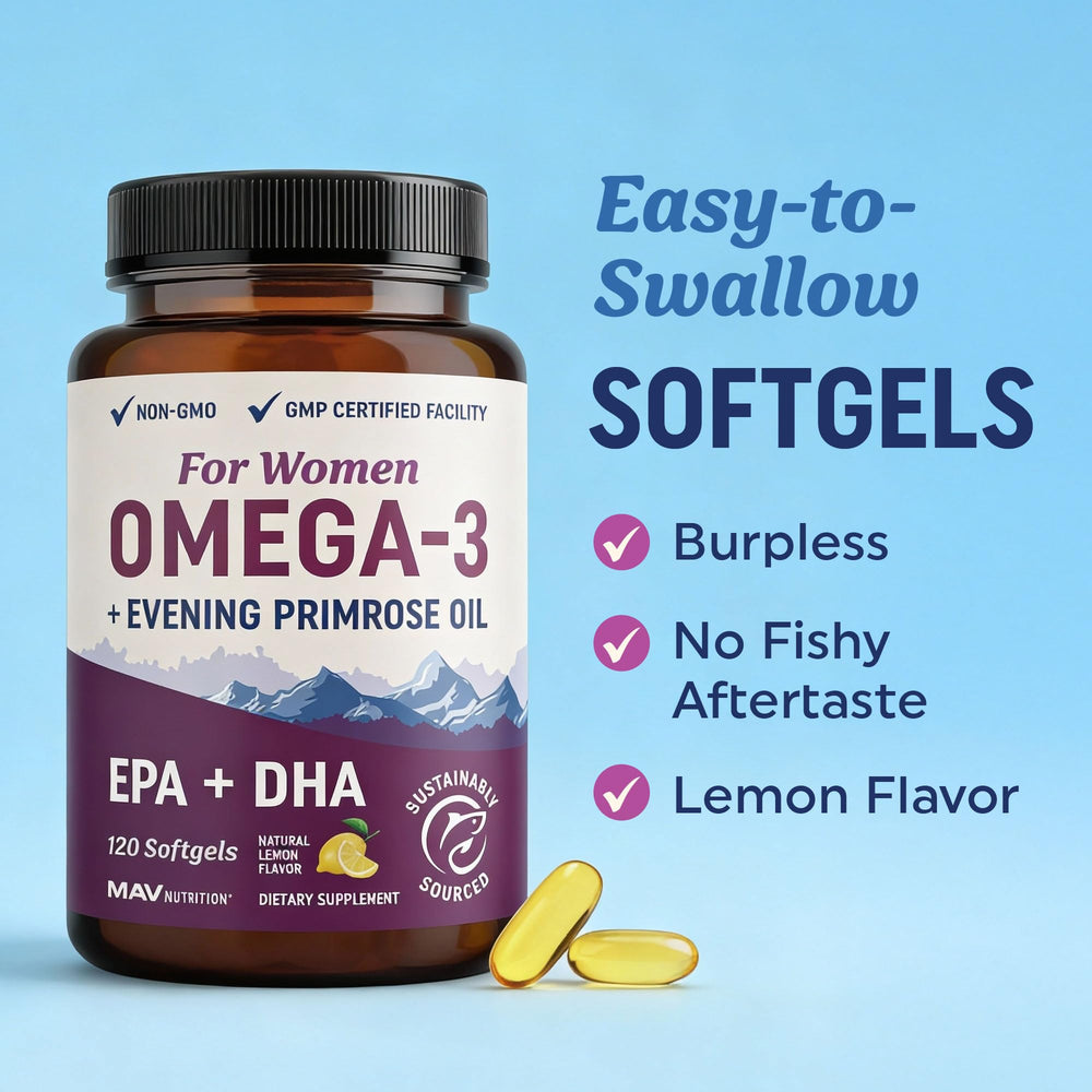 MAV Nutrition omega-3 and evening primrose blend label with clear EPA and GLA details.