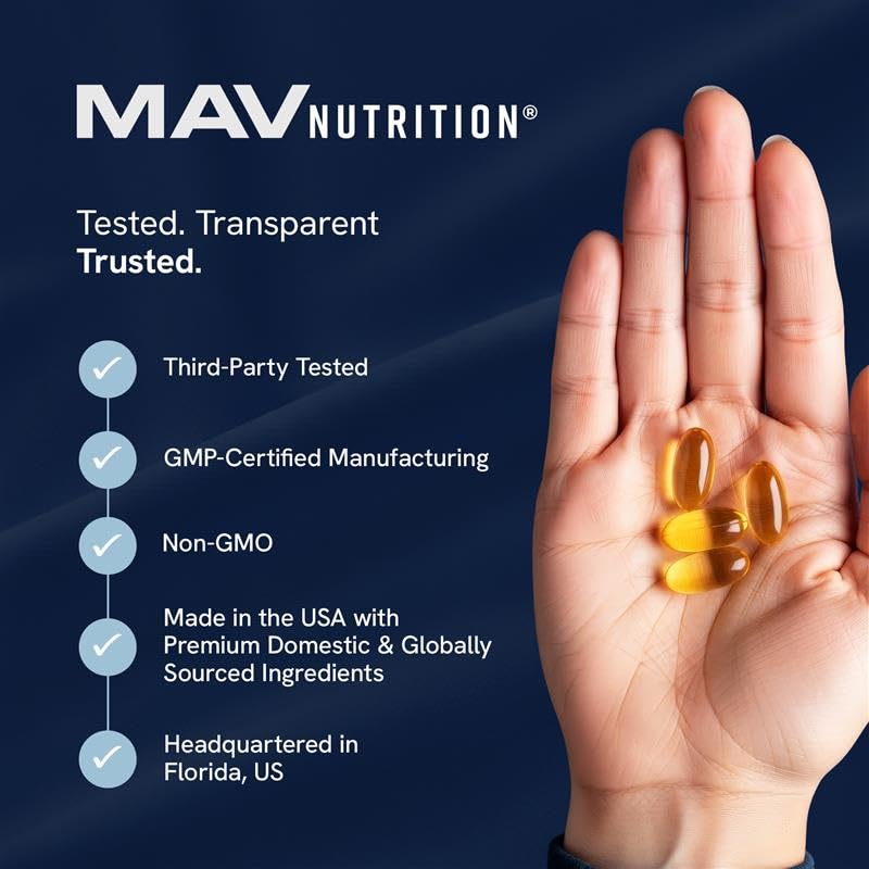 MAV NUTRITION lemon-flavored softgels closeup highlighting easy swallowing.
