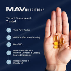 MAV NUTRITION lemon-flavored softgels closeup highlighting easy swallowing.