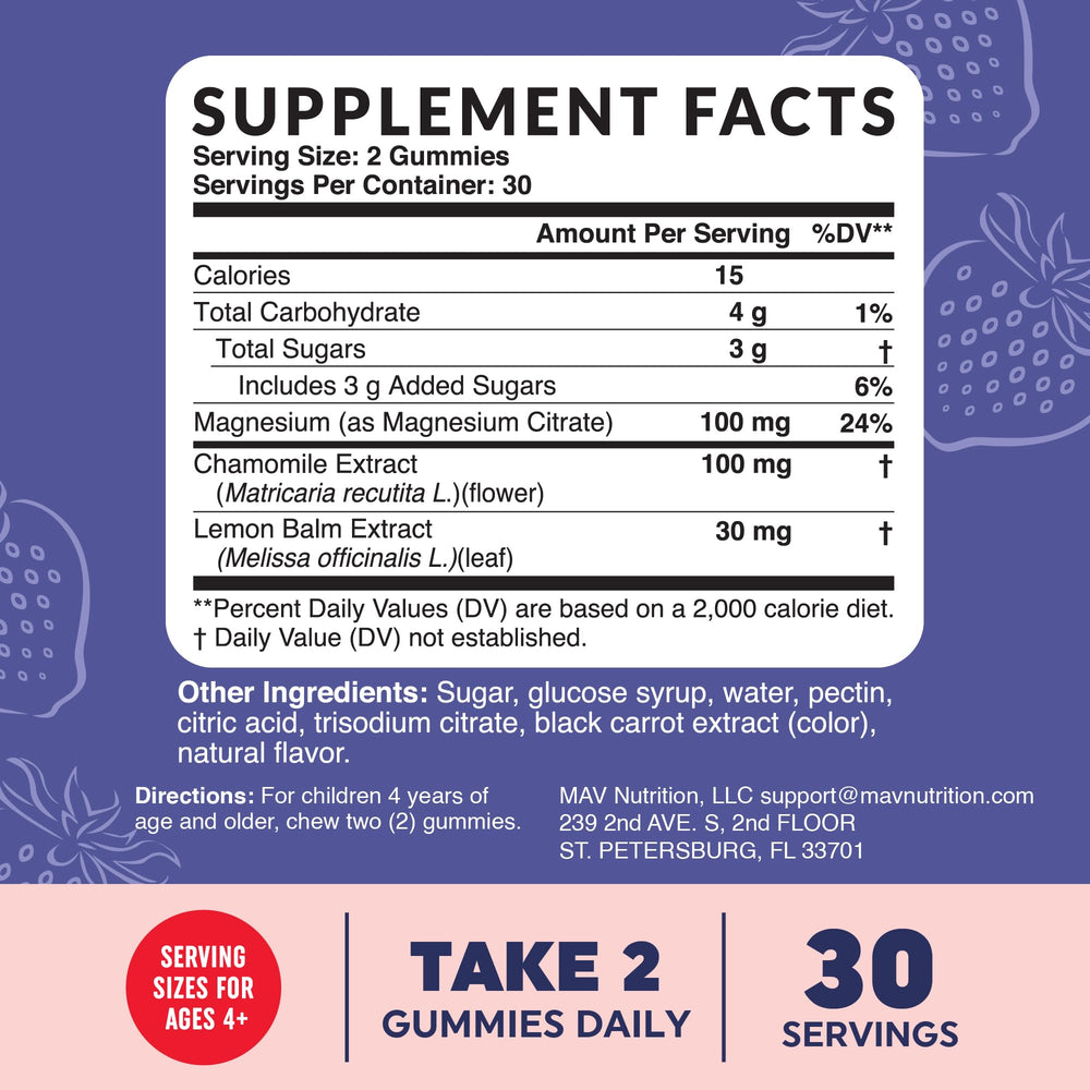 MAV NUTRITION Magnesium Calming Gummies GMP facility icon signals quality manufacturing.