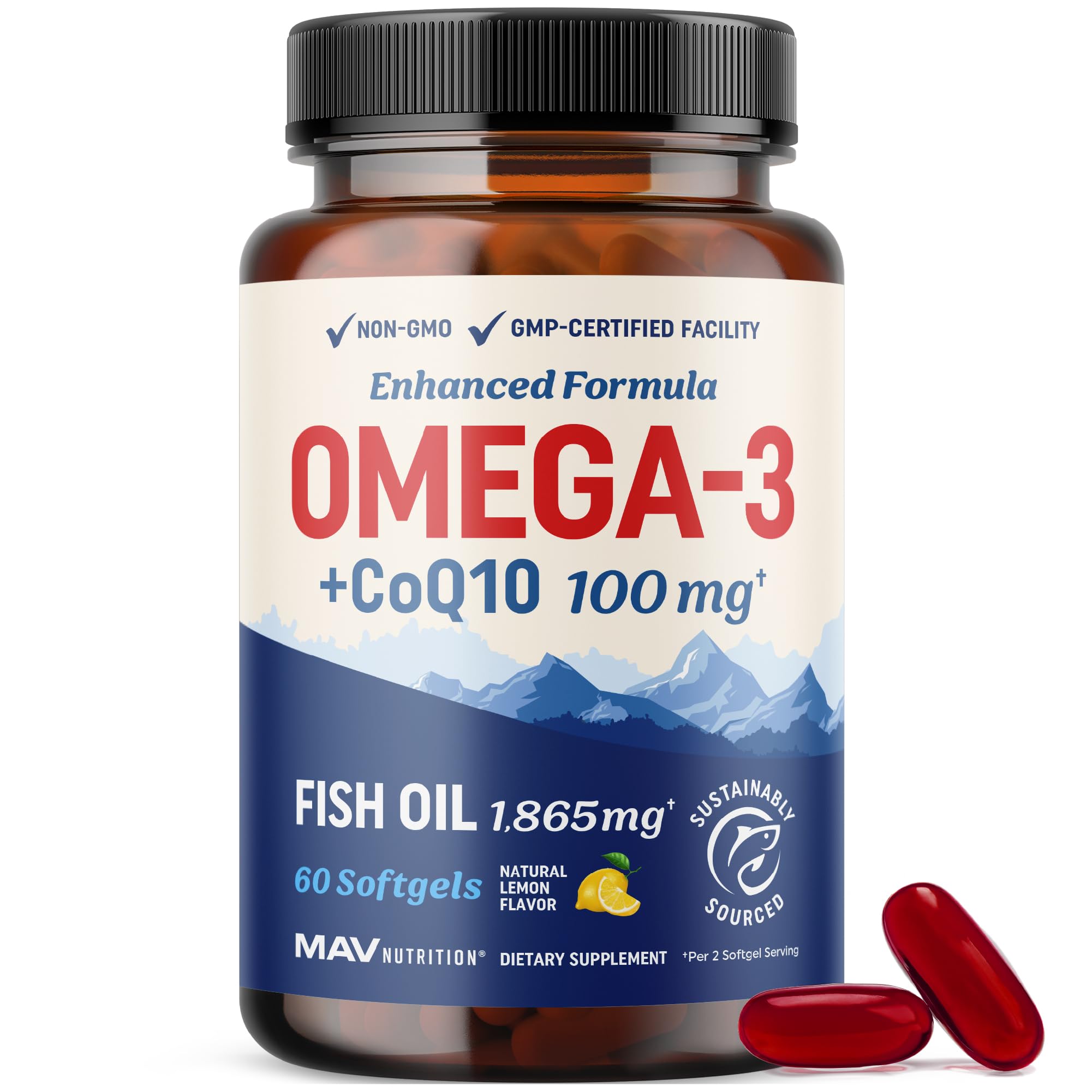 MAV Nutrition Omega-3 CoQ10 bottle front emphasizes heart support and energy-friendly formula