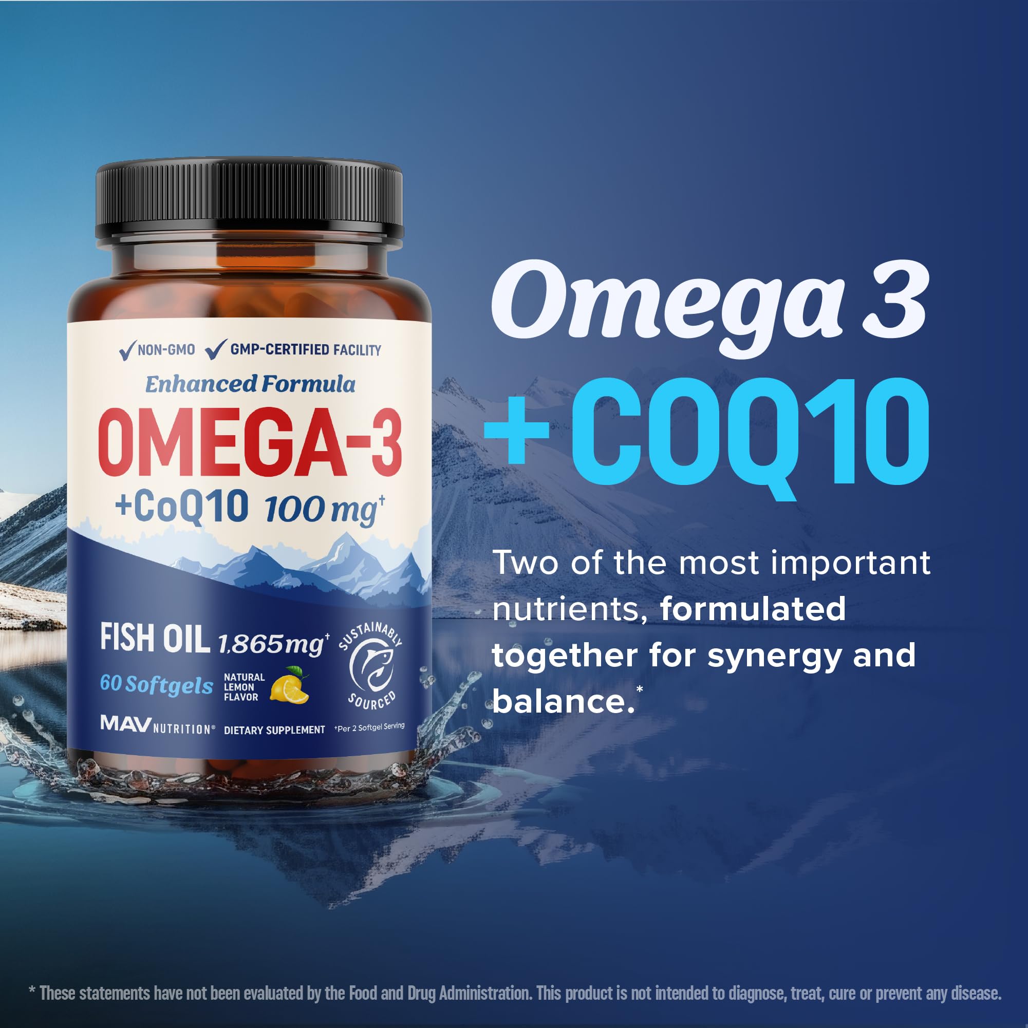 MAV Nutrition Omega-3 CoQ10 bottle on table conveys everyday wellness