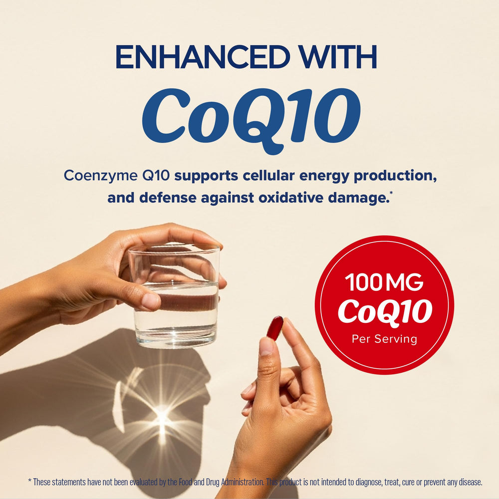 MAV Nutrition Omega-3 CoQ10 capsules closeup shows burpless softgels