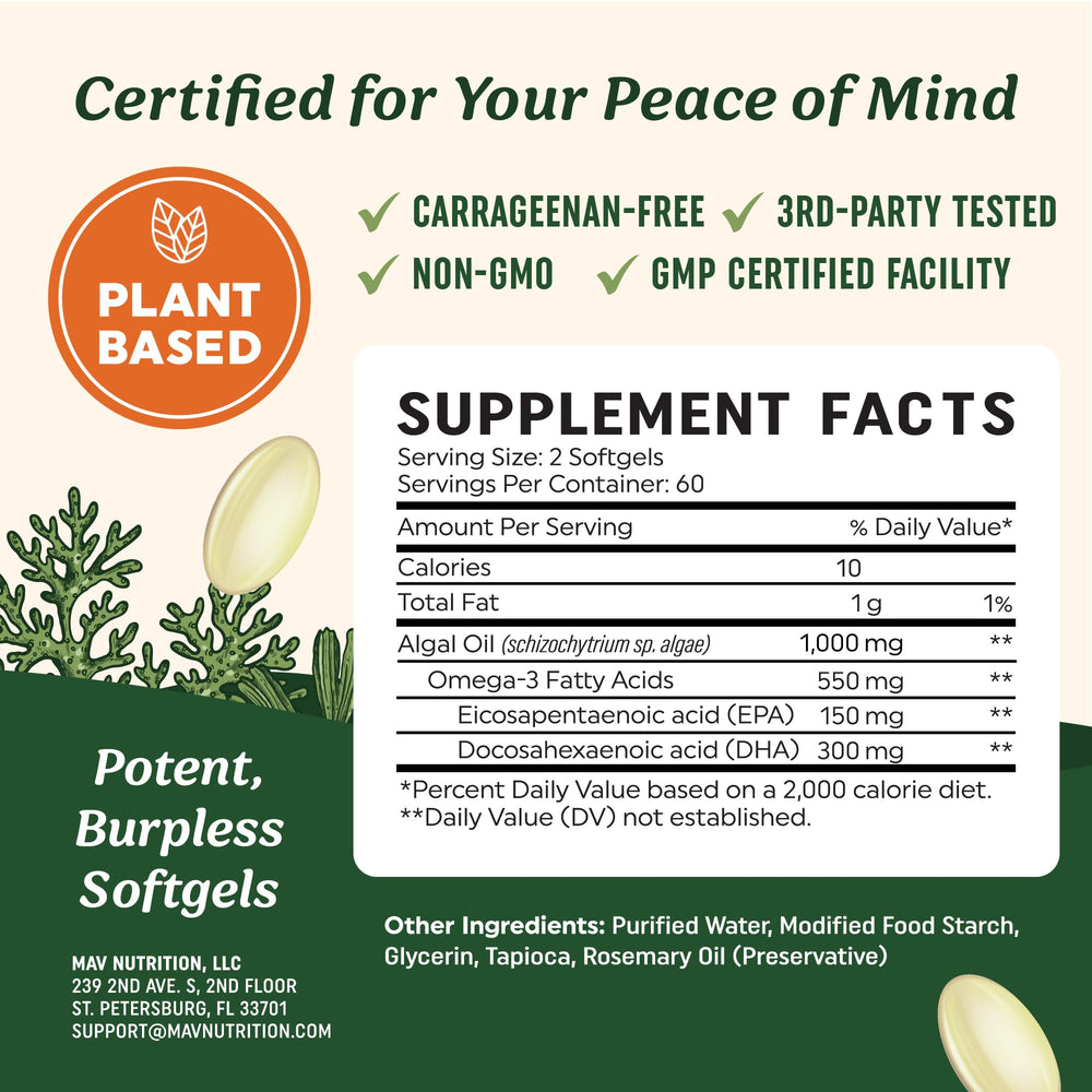 Non GMO and gluten free certification on MAV Nutrition omega3 bottle