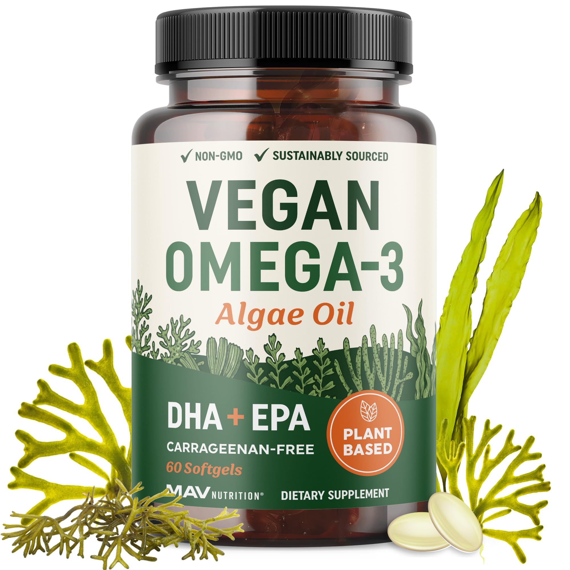 MAV Nutrition Vegan Omega 3 algae oil bottle shows DHA and EPA on the label.