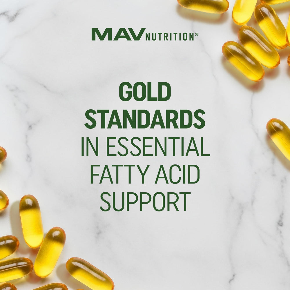 Glass of water beside MAV Nutrition algae oil softgels.