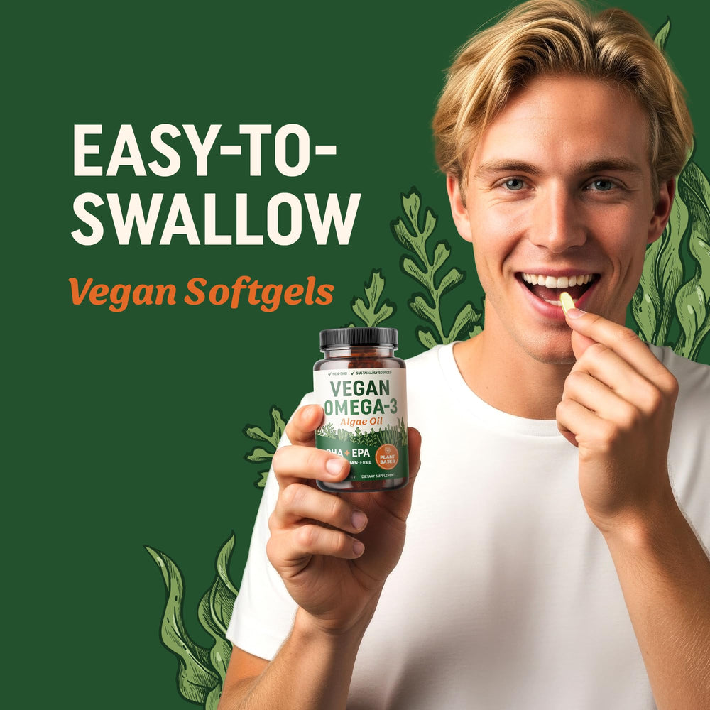 Nutrition facts panel on MAV Nutrition vegan omega-3 bottle.