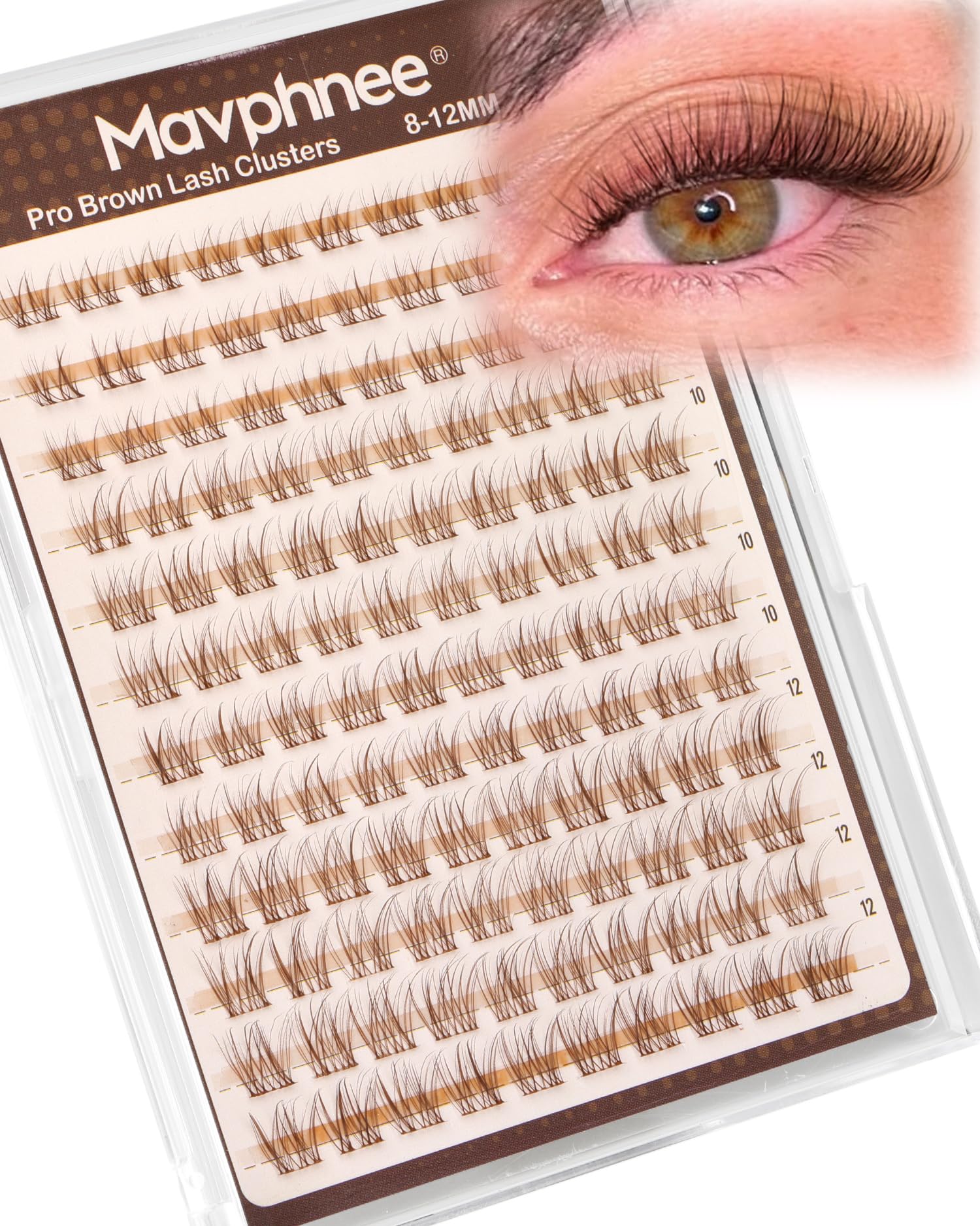 Mavphnee 8-12mm natural lash clusters in brown with CC curve for a soft daily look.