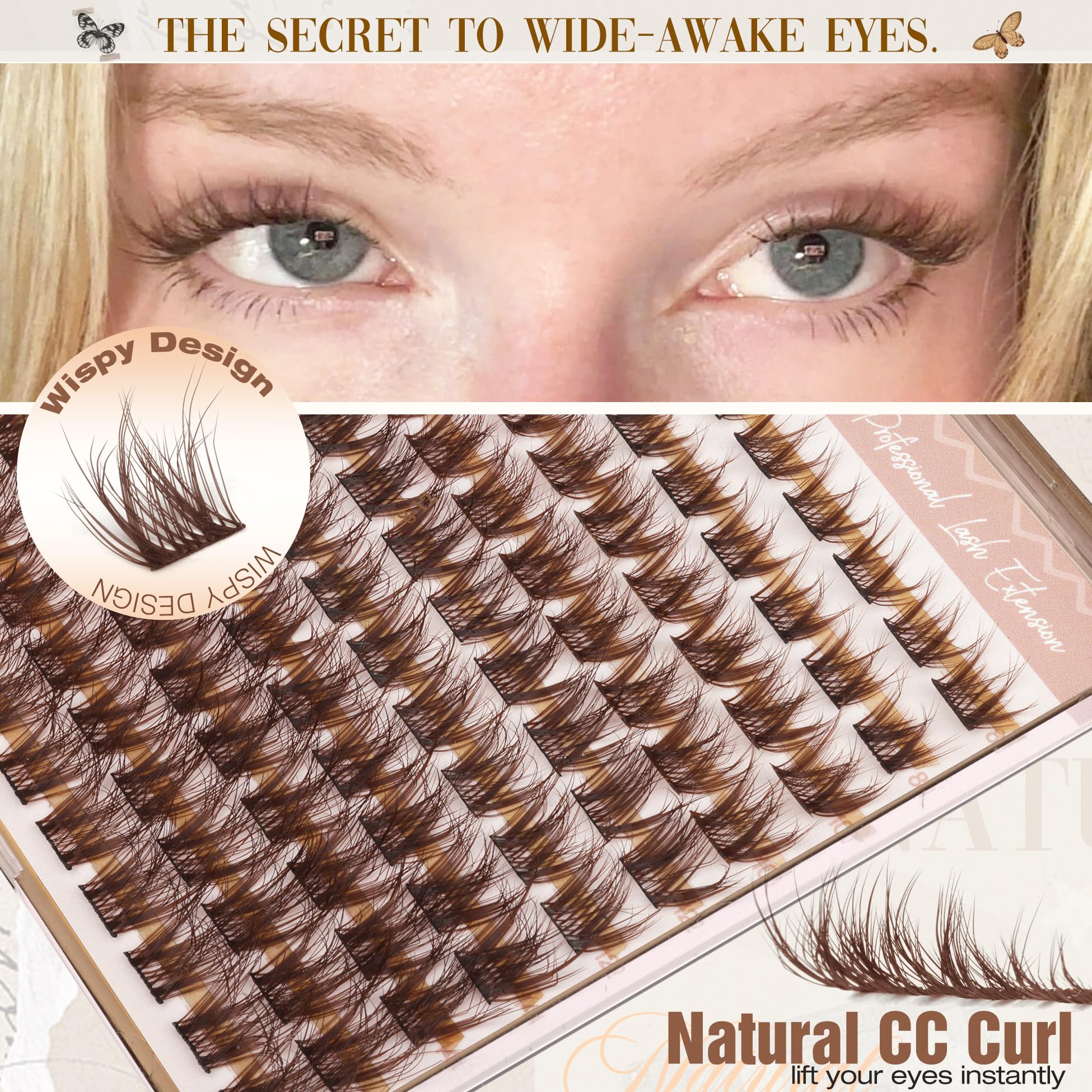Mavphnee brown cluster lashes with fluffy cashmere texture for light feel.