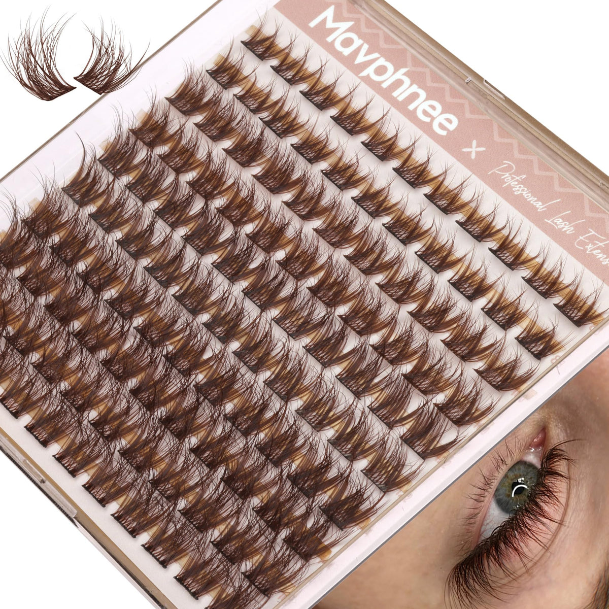 Mavphnee brown cluster lashes close-up for a natural, soft-glam look.