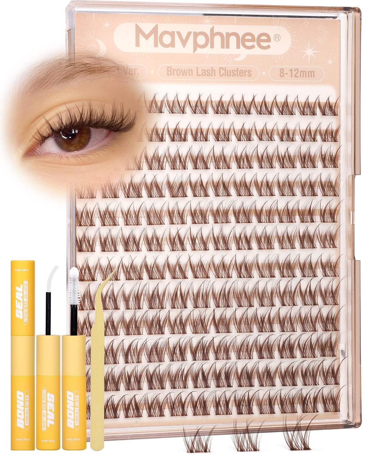 Mavphnee Brown Lash Clusters pack shot shows natural 8-12mm length for daily wear.