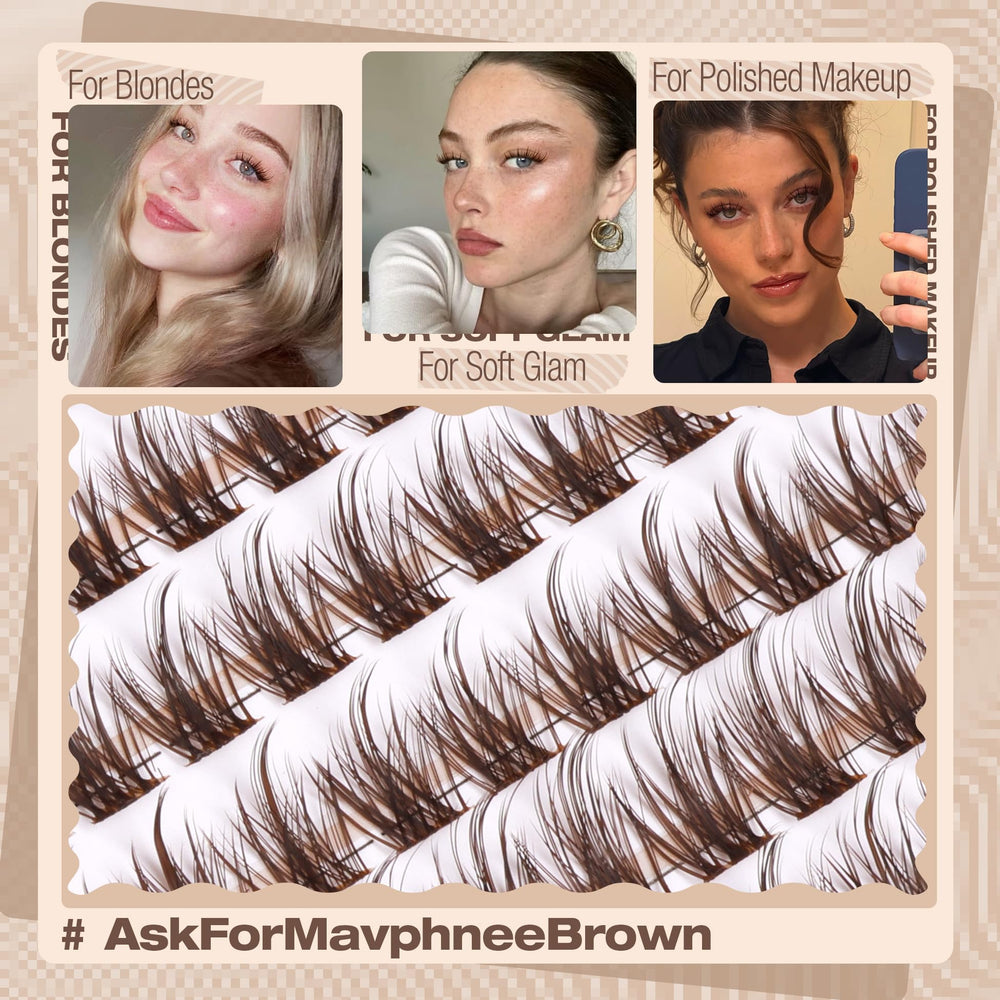 Mavphnee brown lash clusters wispy 14mm outer-flare enhanced gaze.
