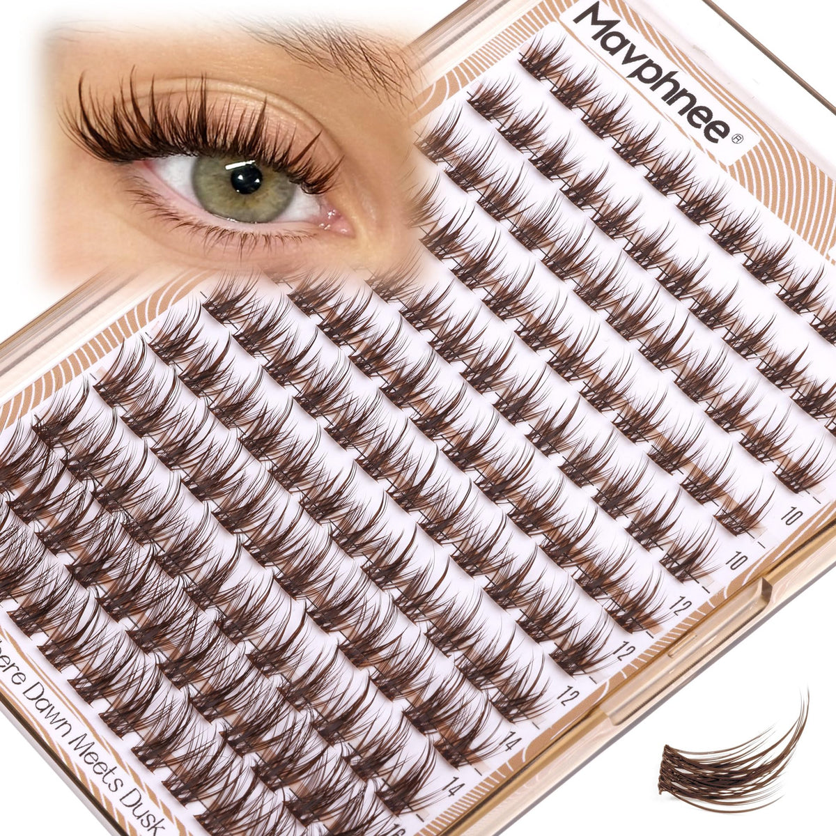 Mavphnee brown lash clusters wispy 8mm inner corner for subtle opening.