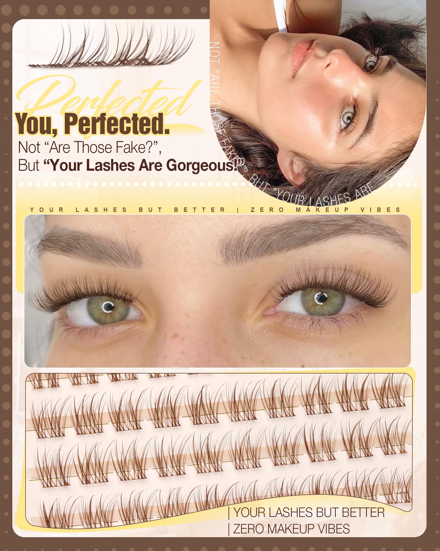 Mavphnee brown-tinted lash clusters blending with lighter features for sun-kissed definition.