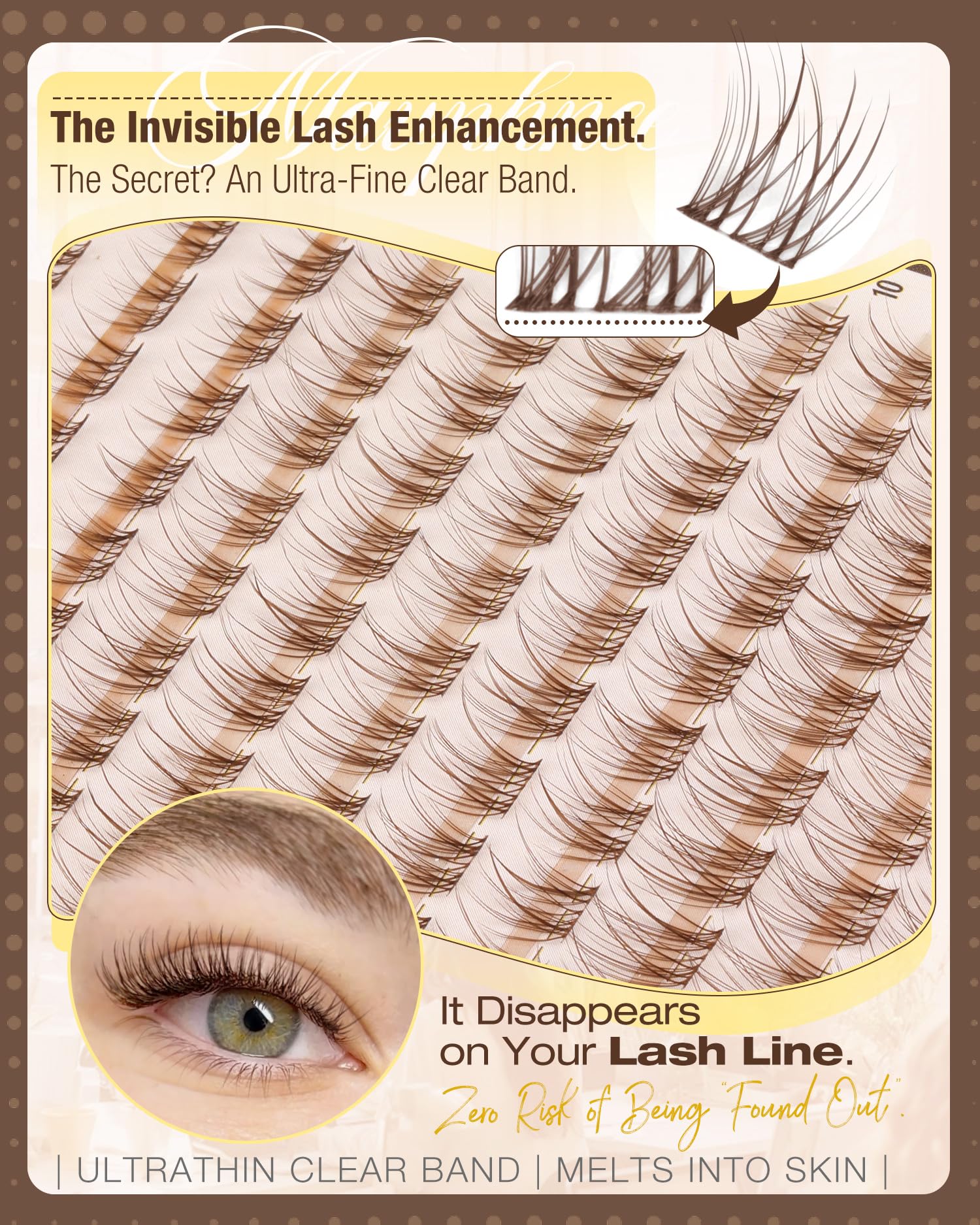 Mavphnee invisible-band lash clusters with melt-on finish for seamless lashline.