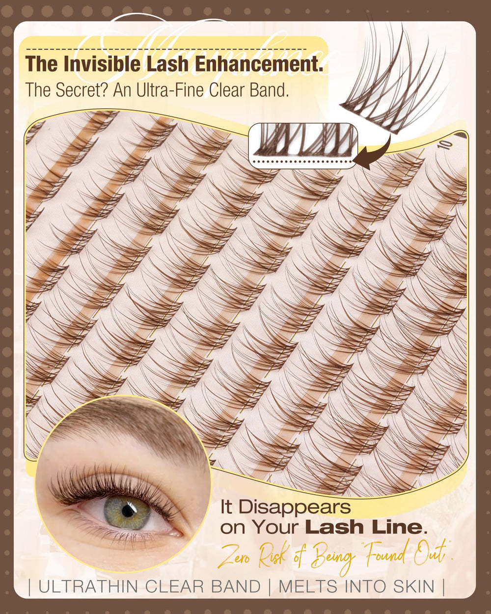 Mavphnee invisible-band lash clusters with melt-on finish for seamless lashline.