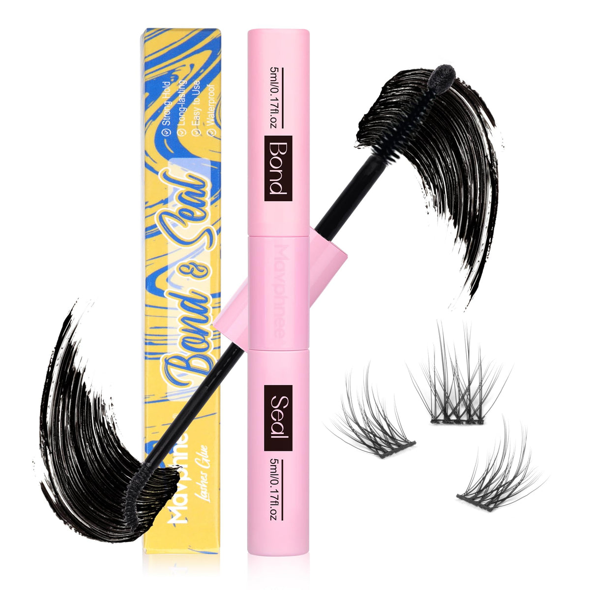 Mavphnee Lash Bond bottle showing the 2-in-1 adhesive for easy lash setup.