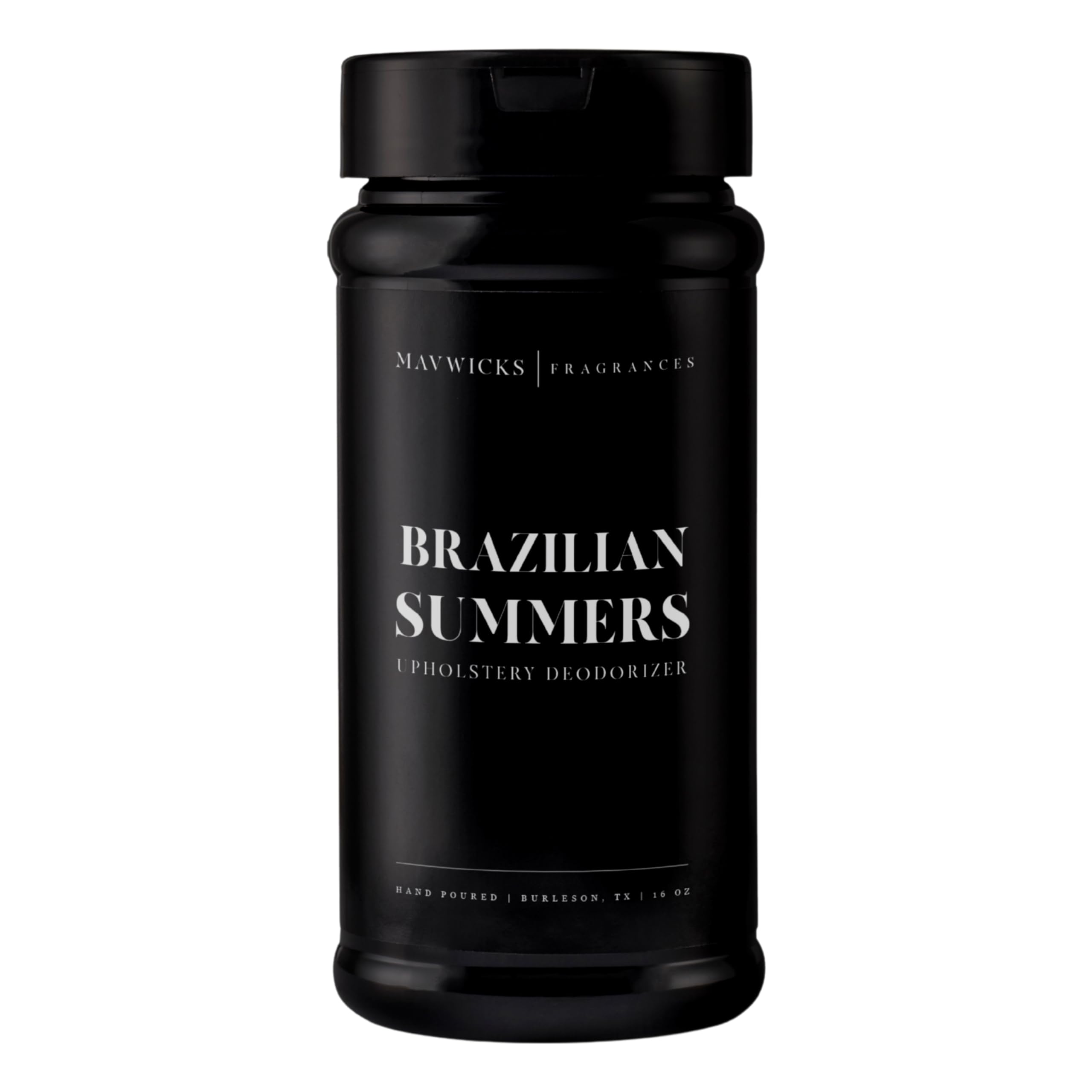 Mavwicks Brazilian Summers upholstery deodorizer powder being sprinkled for pet-friendly freshness.