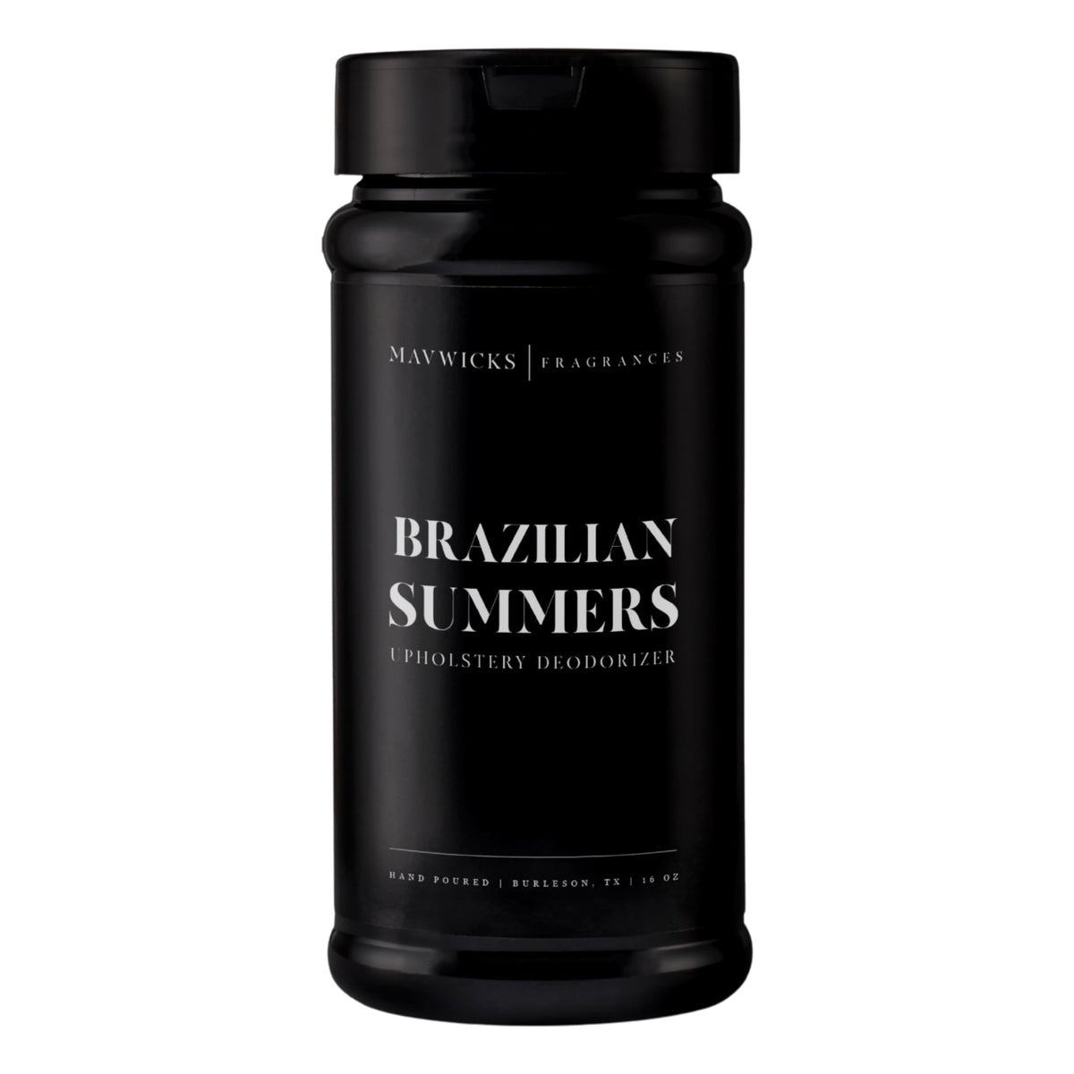 Mavwicks Brazilian Summers upholstery deodorizer powder being sprinkled for pet-friendly freshness.
