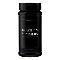 Mavwicks Brazilian Summers upholstery deodorizer powder being sprinkled for pet-friendly freshness.
